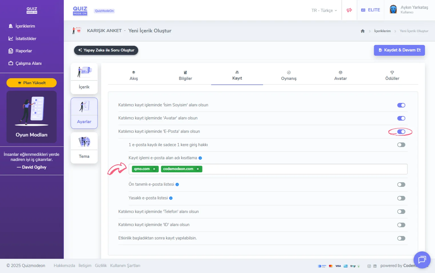 karma anket oluşturma - ayarlar - katılımcı kayıt bilgileri - eposta - alan adı kısıtlaması