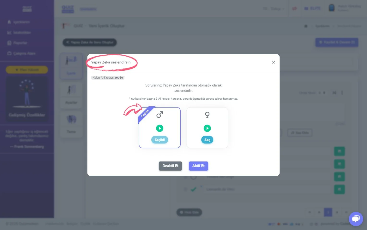 quiz oluşturma - içerik - yapay zeka seslendirmesi