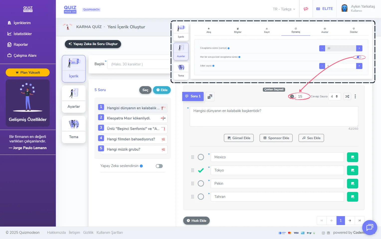 karma quiz oluşturma - içerik - soruya özel süre belirleme