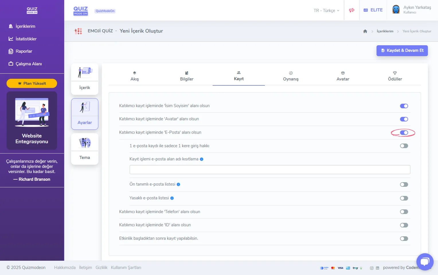 emoji quiz oluşturma - ayarlar - katılımcı kayıt bilgileri - eposta