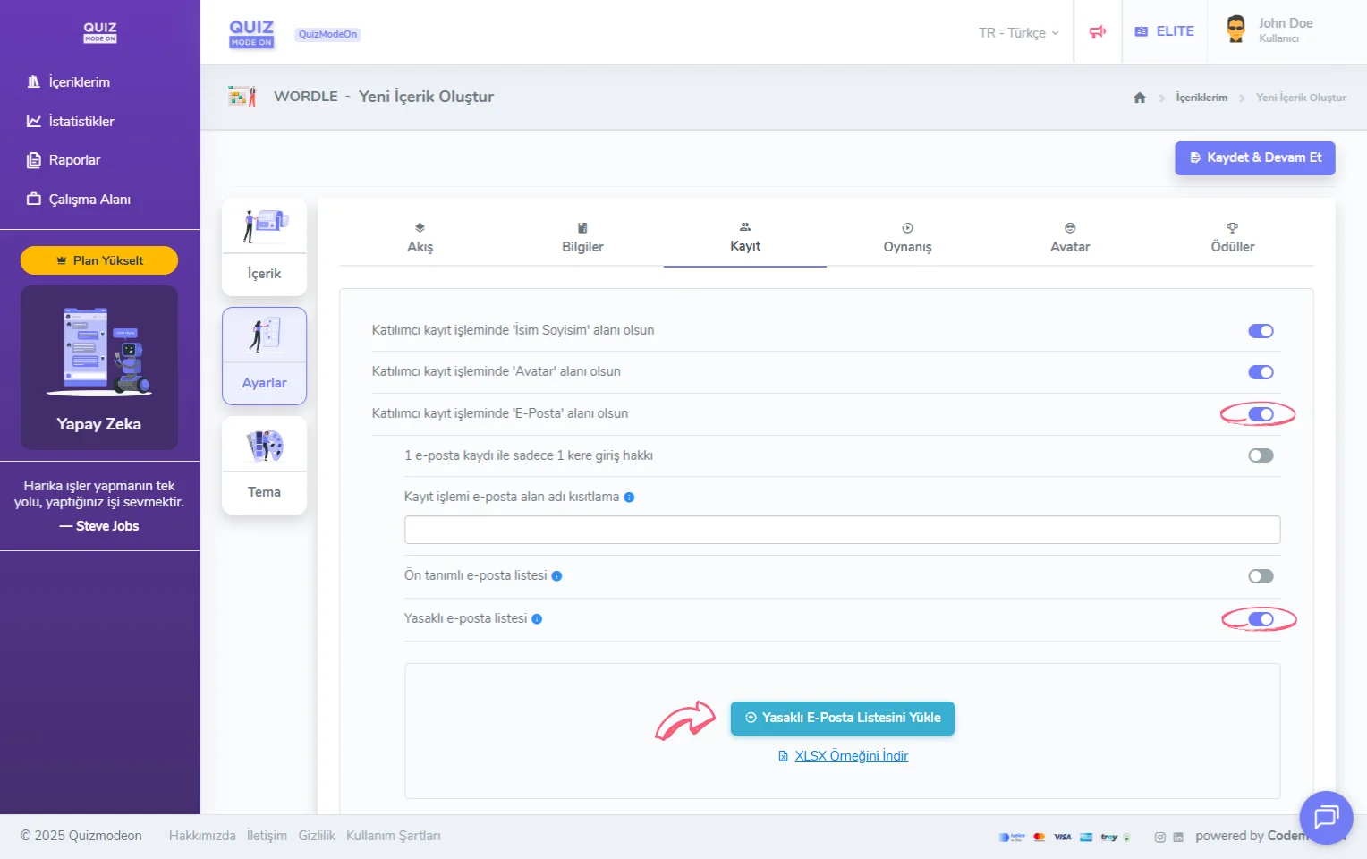 wordle oluşturma - ayarlar - katılımcı kayıt bilgileri - eposta - yasaklı eposta listesi