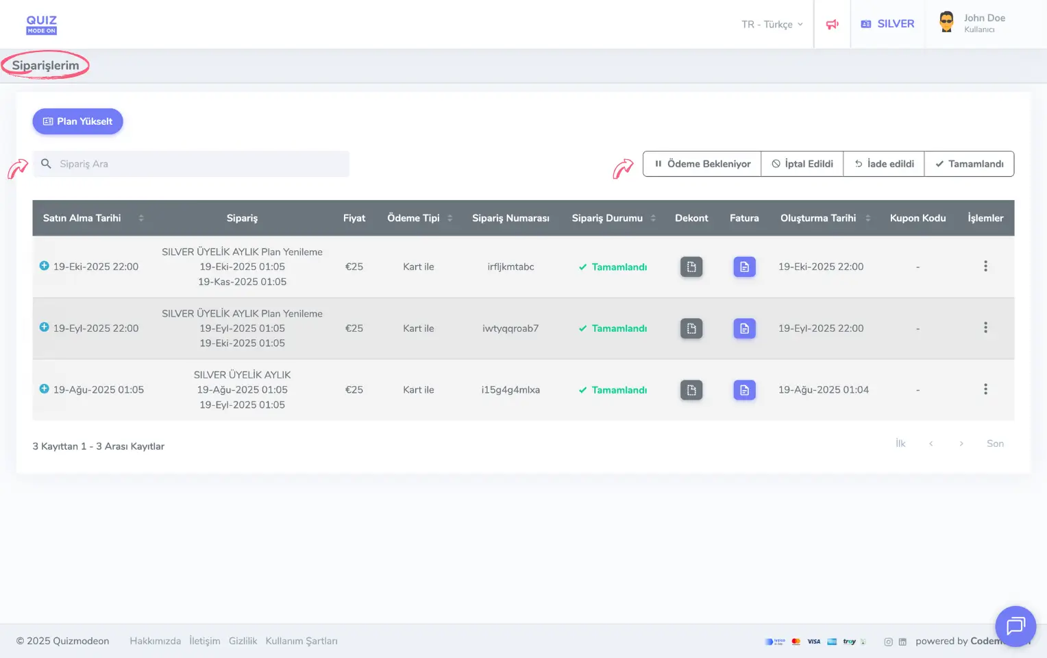admin üye - kullanıcı menüsü - siparişler ve ödemeler