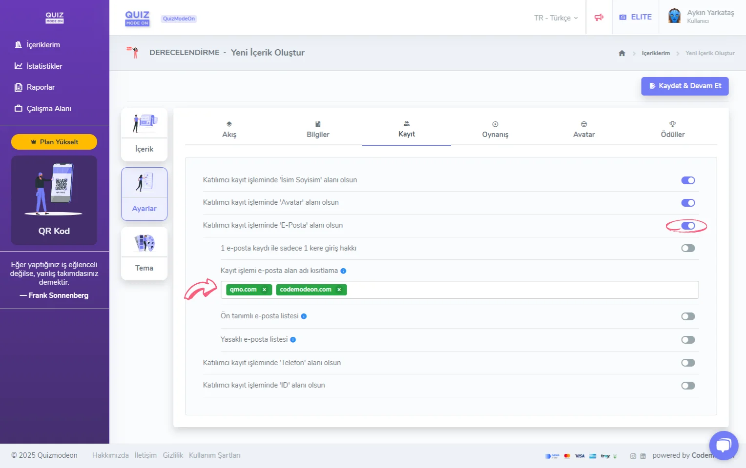 derecelendirme oluşturma - ayarlar - katılımcı kayıt bilgileri - eposta - alan adı kısıtlaması