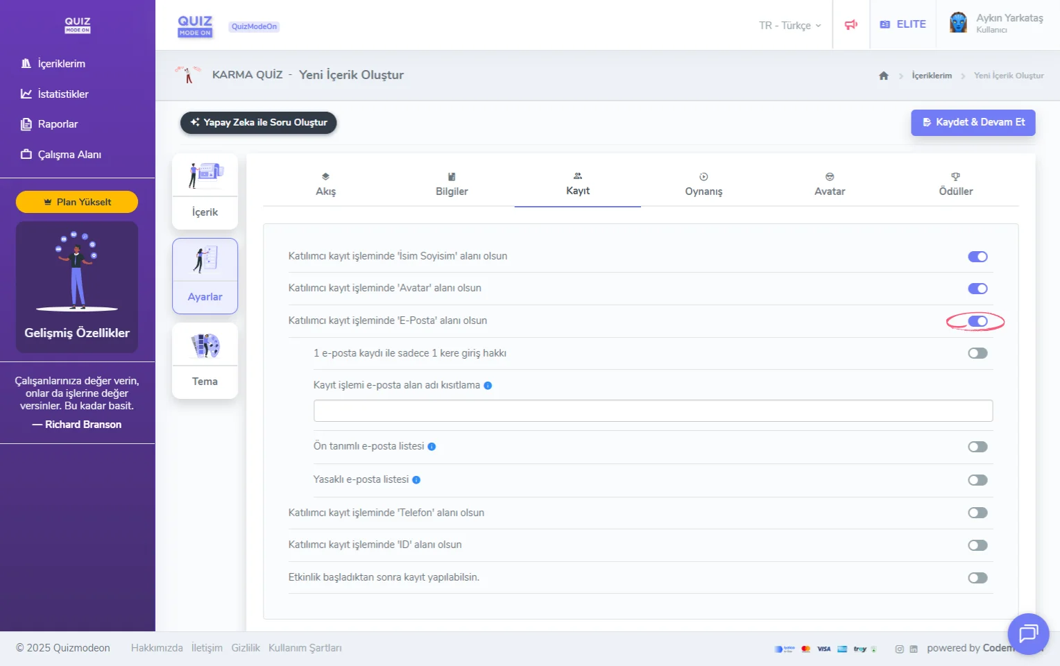 karma quiz oluşturma - ayarlar - katılımcı kayıt bilgileri - eposta