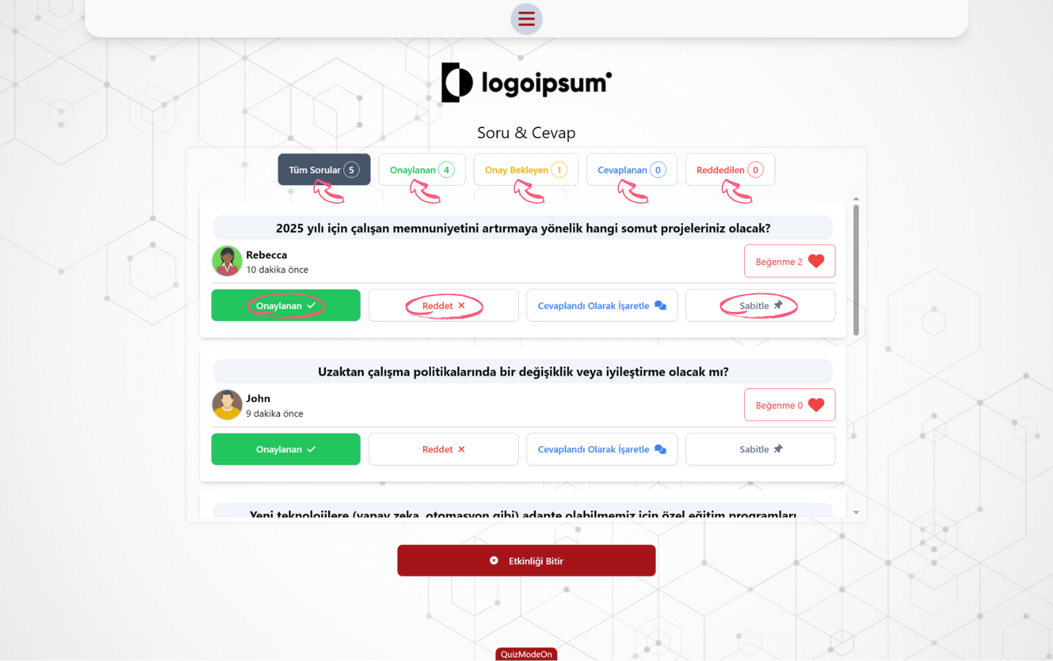 sunucu sayfası (soru ve cevap) - soruları listeleme, filtreleme ve işaretleme