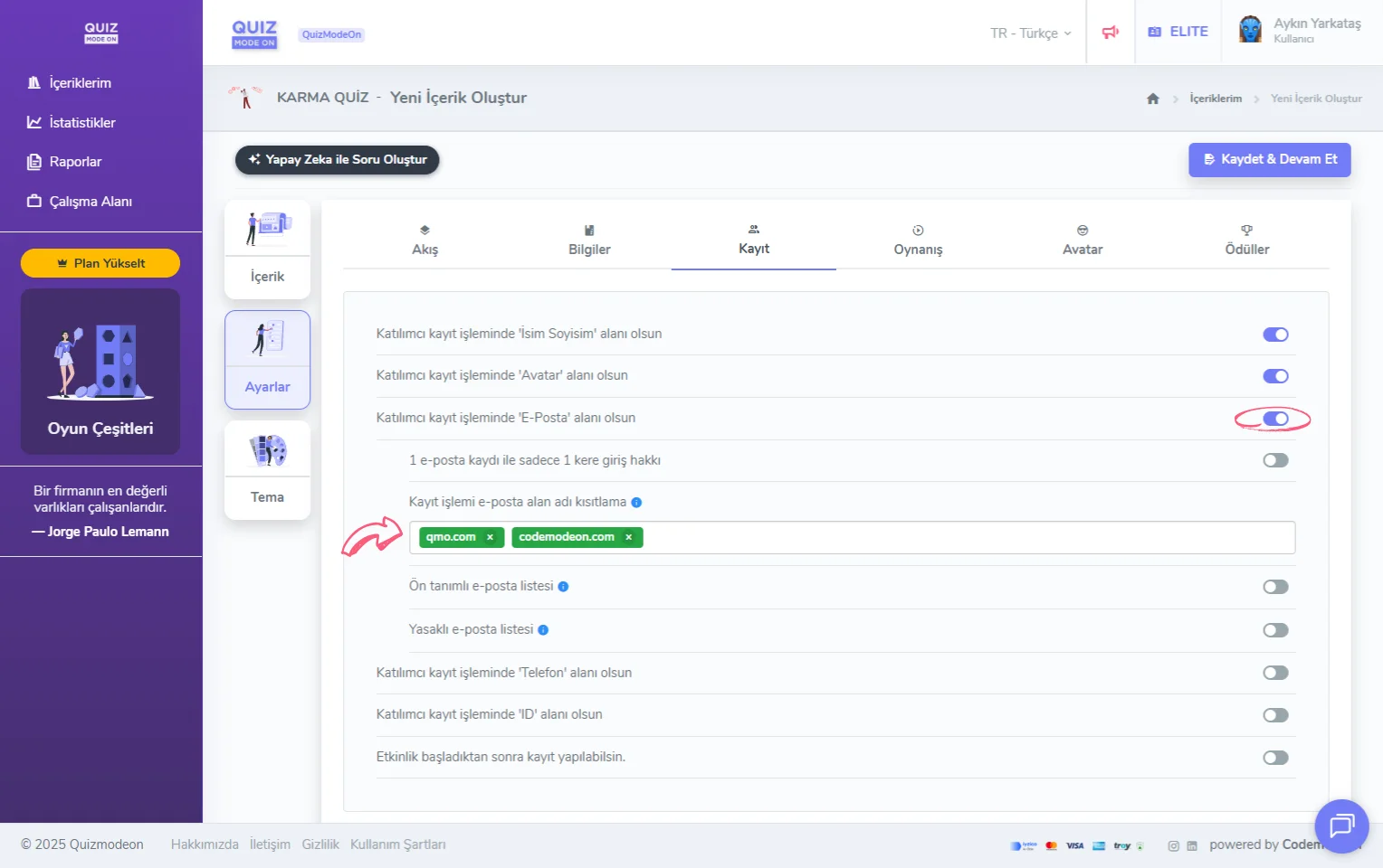 karma quiz oluşturma - ayarlar - katılımcı kayıt bilgileri - eposta - alan adı kısıtlaması