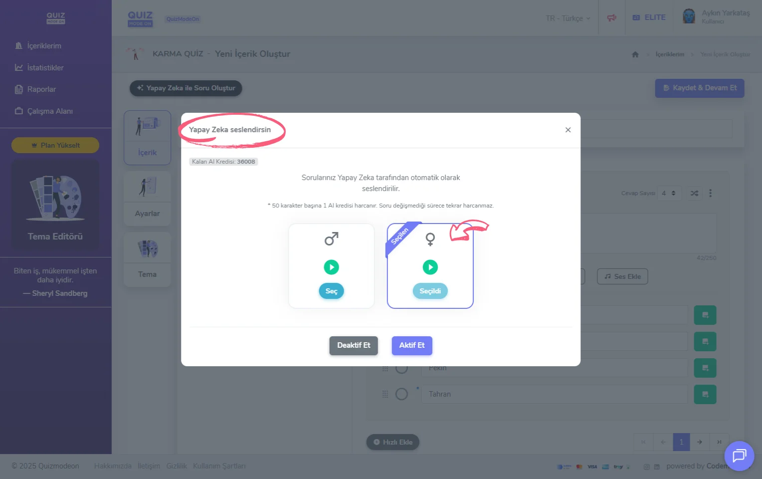 karma quiz oluşturma - içerik - yapay zeka seslendirmesi