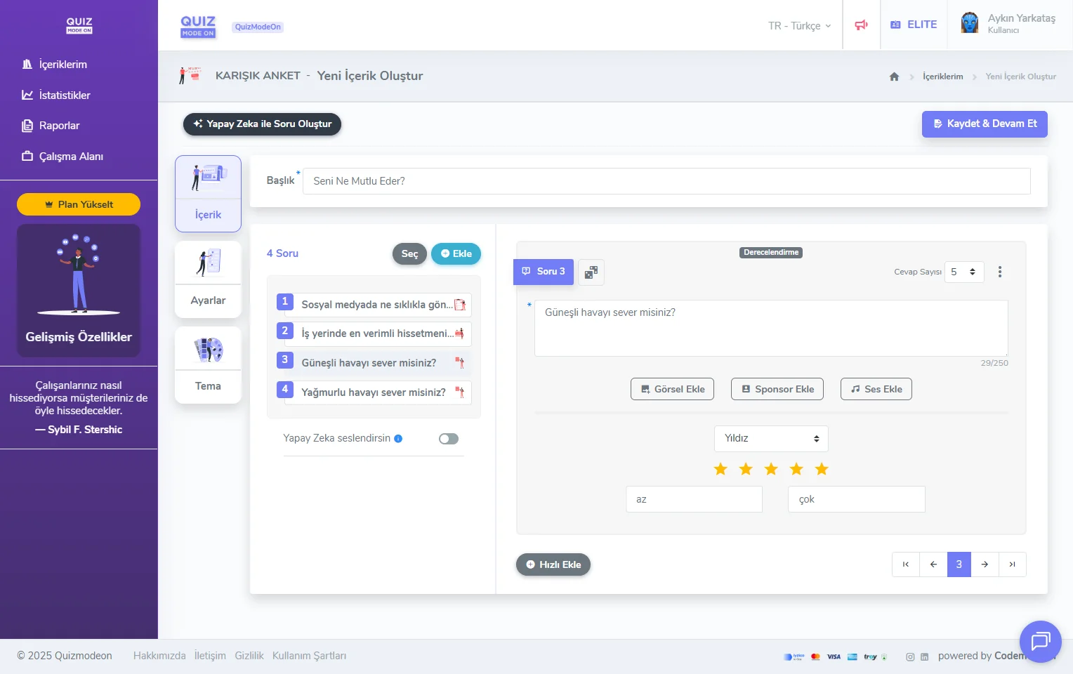 karma anket oluşturma - içerik - soru türü - derecelendirme sorusu