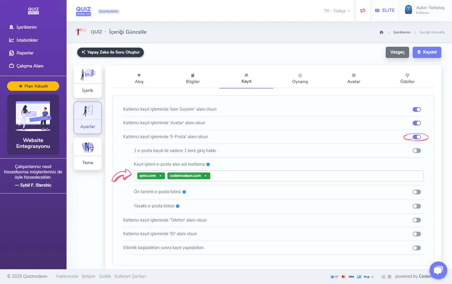quiz oluşturma - ayarlar - katılımcı kayıt bilgileri - eposta - alan adı kısıtlaması
