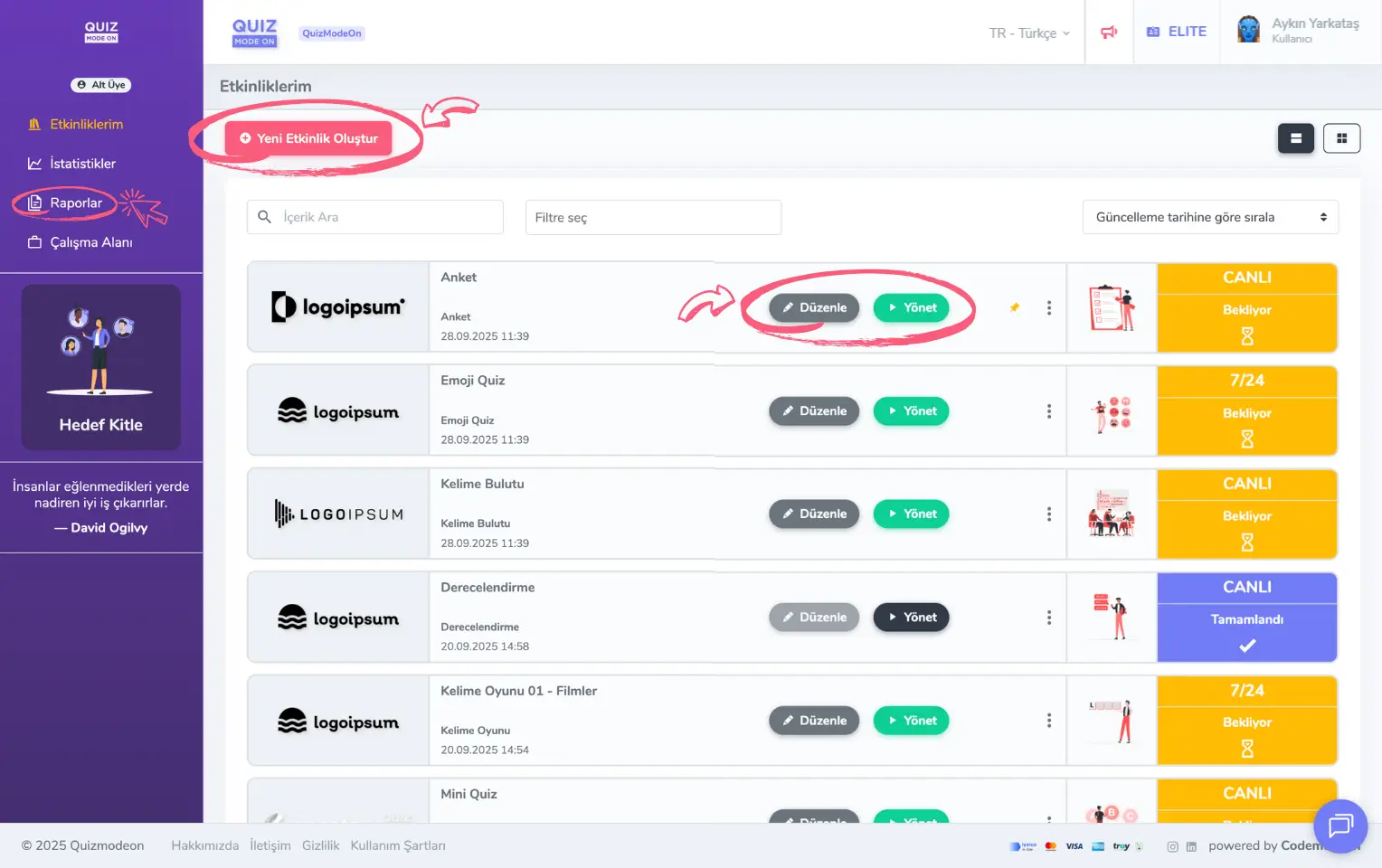 admin üye - portal - anasayfa - etkinlikler
