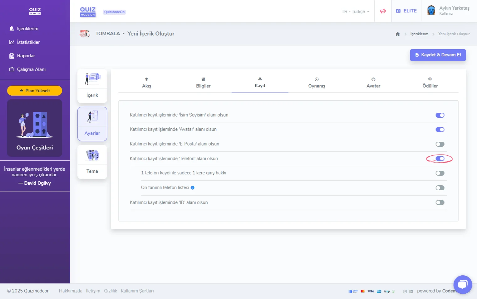 tombala oluşturma - ayarlar - katılımcı kayıt bilgileri - telefon