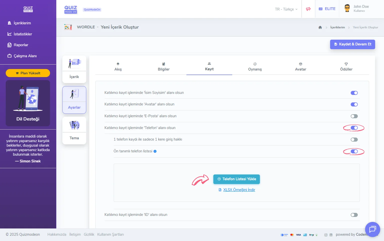 wordle oluşturma - ayarlar - katılımcı kayıt bilgileri - telefon - ön tanımlı telefon listesi