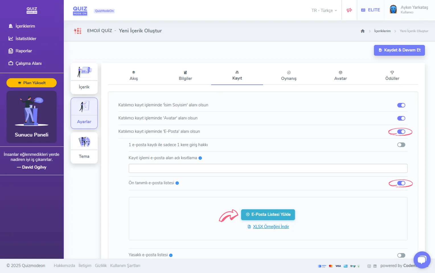 emoji quiz oluşturma - ayarlar - katılımcı kayıt bilgileri - eposta - ön tanımlı eposta listesi