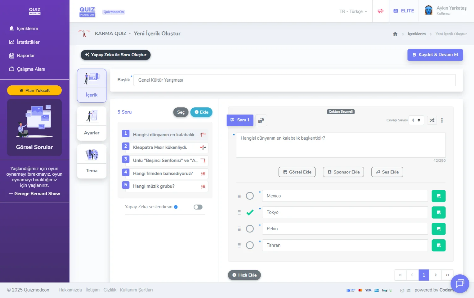 karma quiz oluşturma - içerik - soru türü - çoktan seçmeli soru