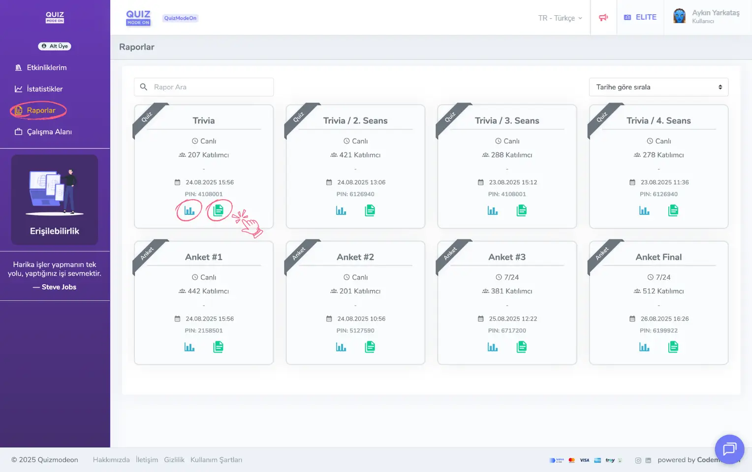 admin üye - sol menü - raporlar
