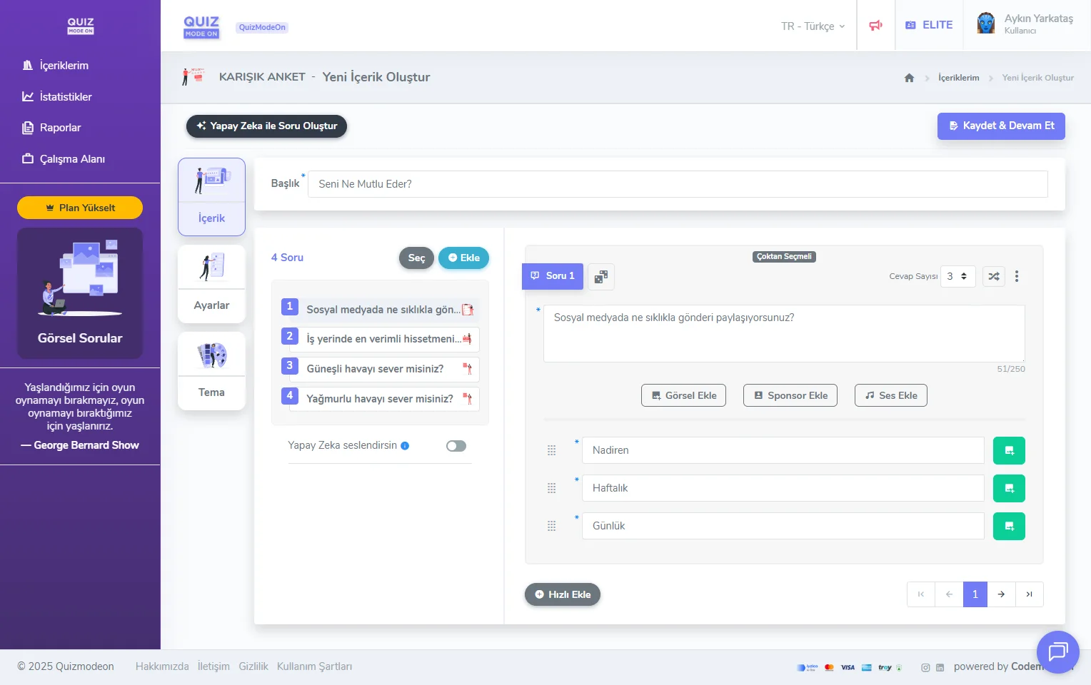 karma anket oluşturma - içerik - soru türü - çoktan seçmeli soru