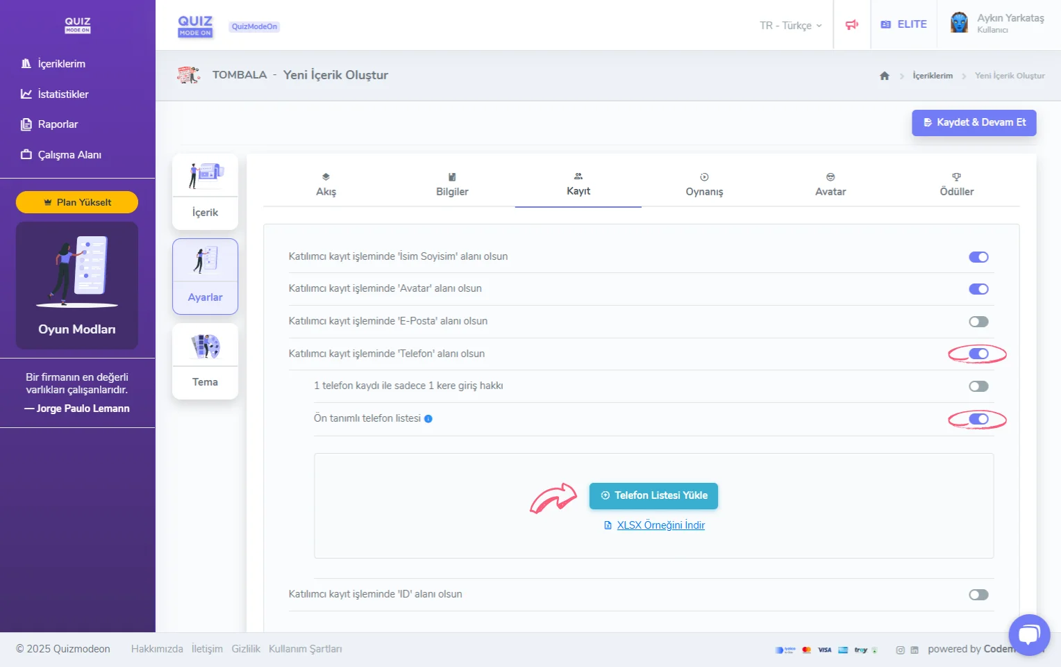 tombala oluşturma - ayarlar - katılımcı kayıt bilgileri - telefon - ön tanımlı telefon listesi
