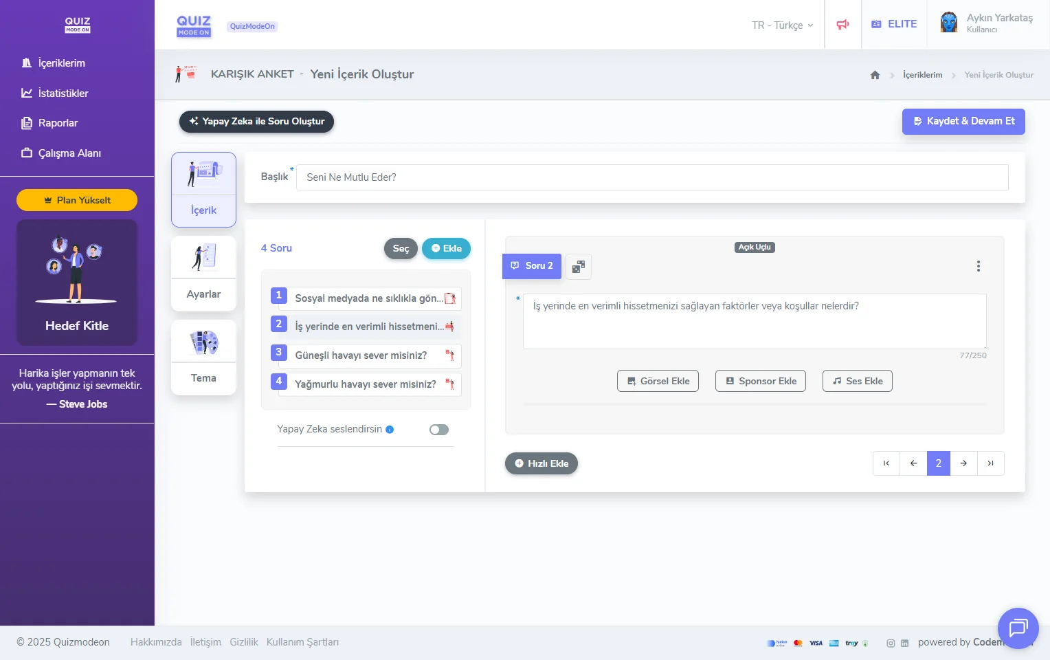 karma anket oluşturma - içerik - soru türü - açık uçlu soru