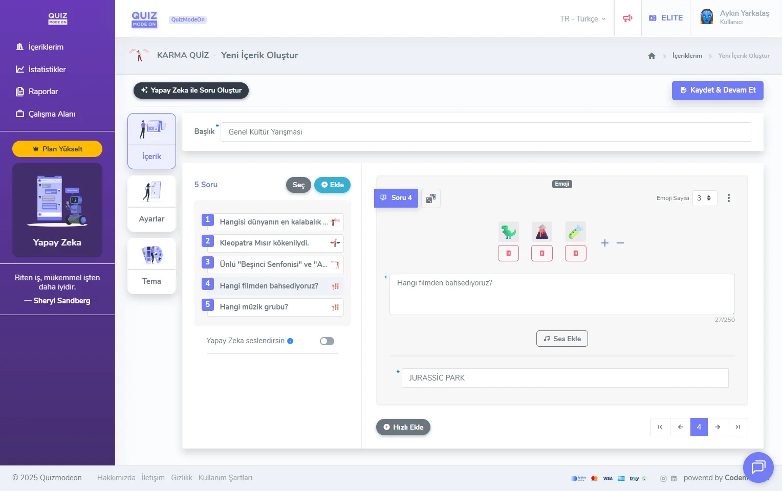 karma quiz oluşturma - içerik - soru türü - emoji sorusu