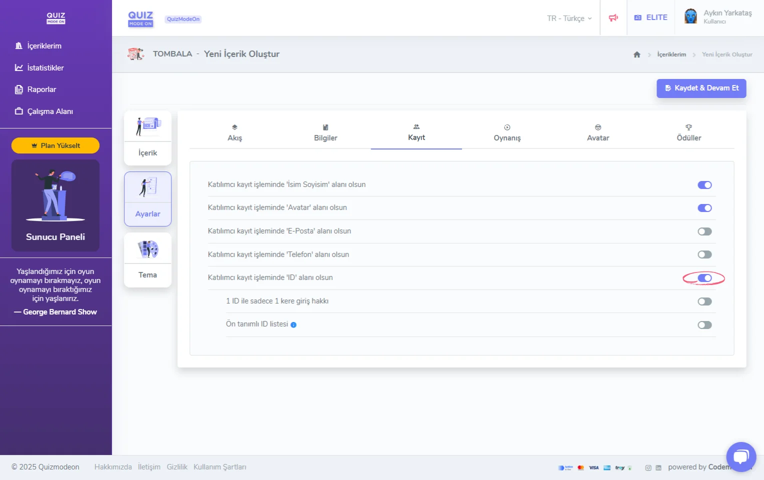 tombala oluşturma - ayarlar - katılımcı kayıt bilgileri - ID (tekil numara)