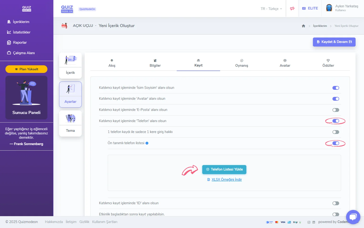 açık uçlu oluşturma - ayarlar - katılımcı kayıt bilgileri - telefon - ön tanımlı telefon listesi