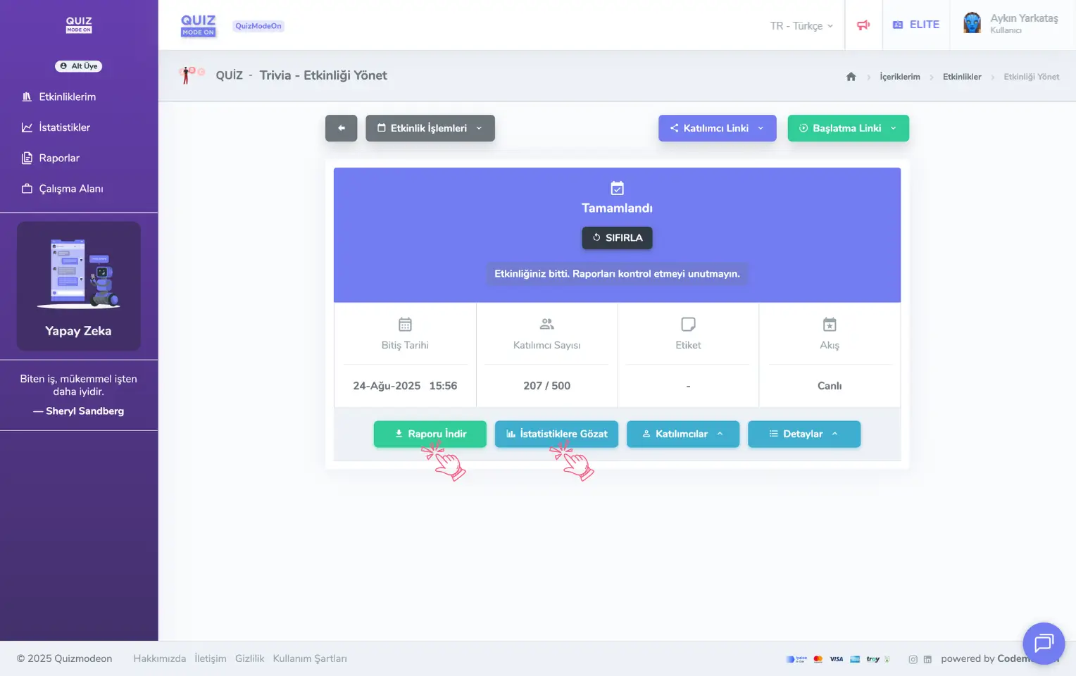 admin üye - etkinlikler - etkinlik yönetimi - raporlar ve istatistikler