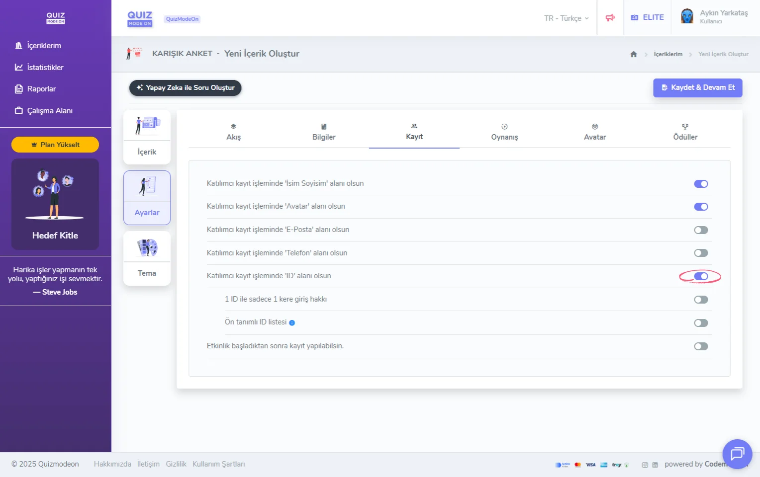 karma anket oluşturma - ayarlar - katılımcı kayıt bilgileri - ID (tekil numara)