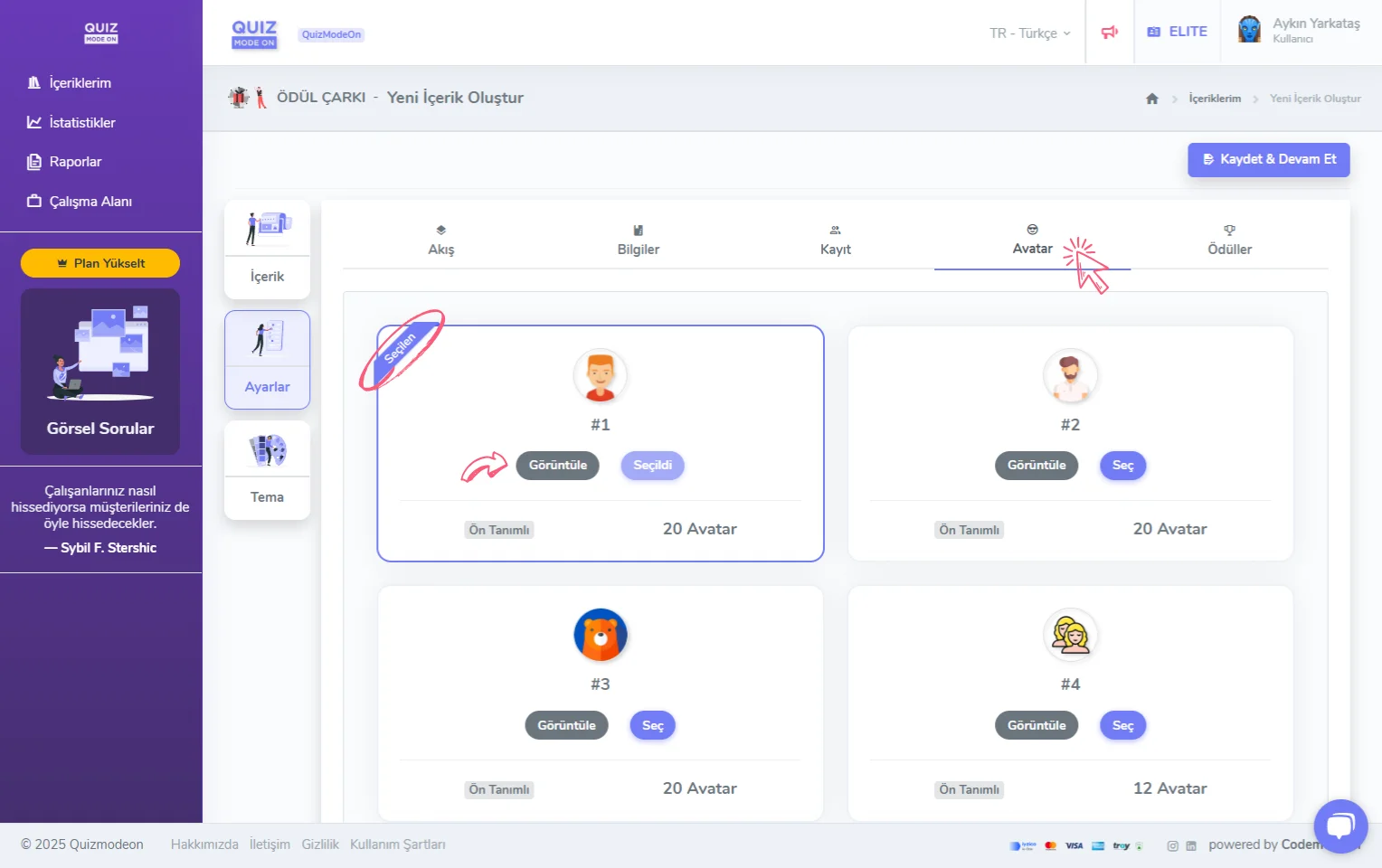 ödül çarkı oluşturma - ayarlar - katılımcı avatarları - avatar seti seçimi