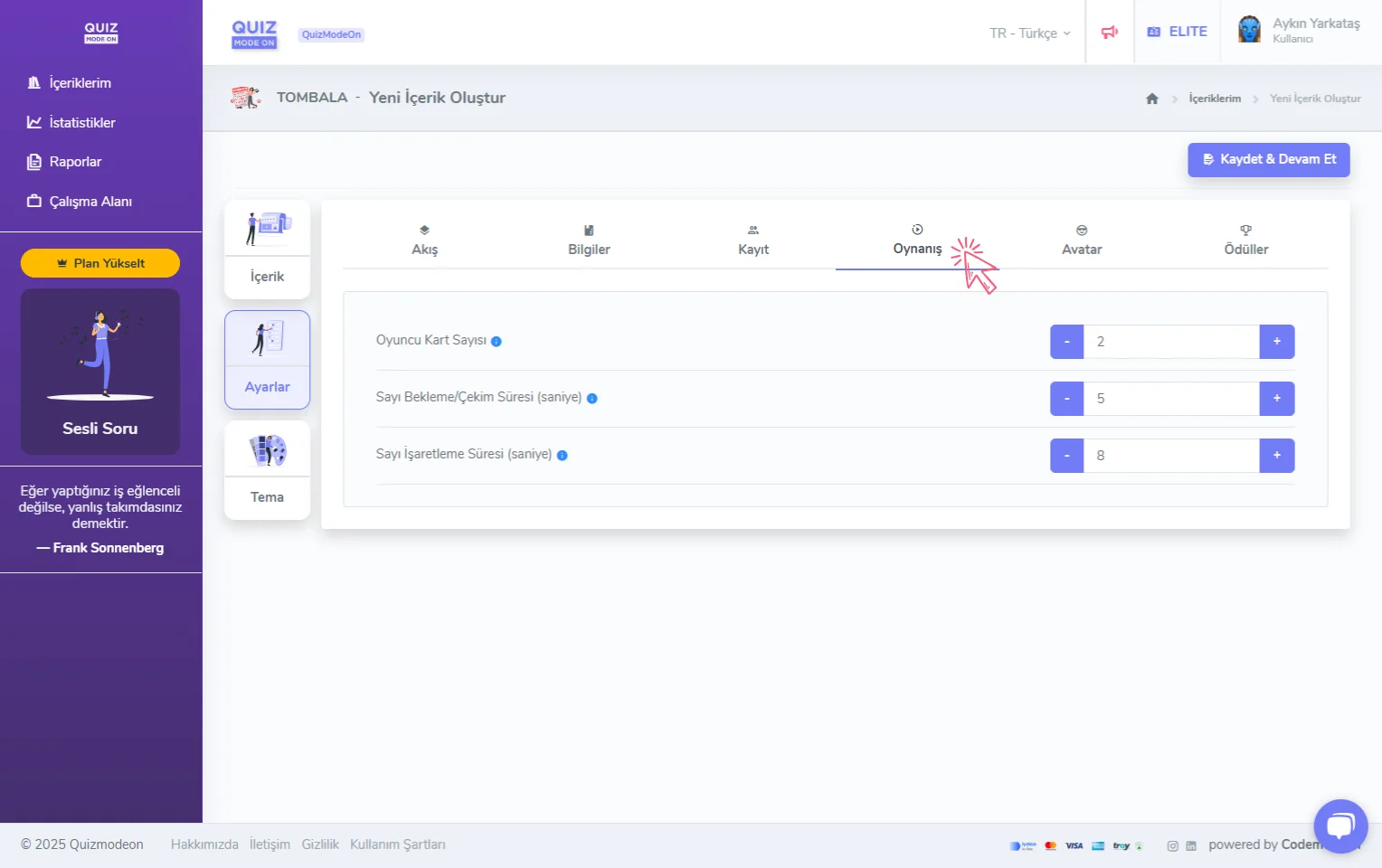 tombala oluşturma - ayarlar - oynanış