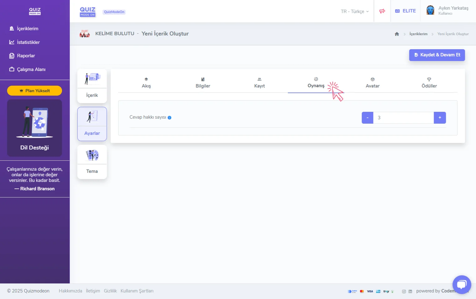 kelime bulutu oluşturma - ayarlar - oynanış