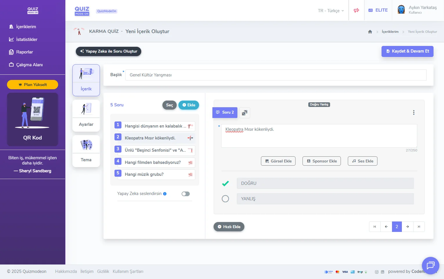karma quiz oluşturma - içerik - soru türü - doğru yanlış sorusu