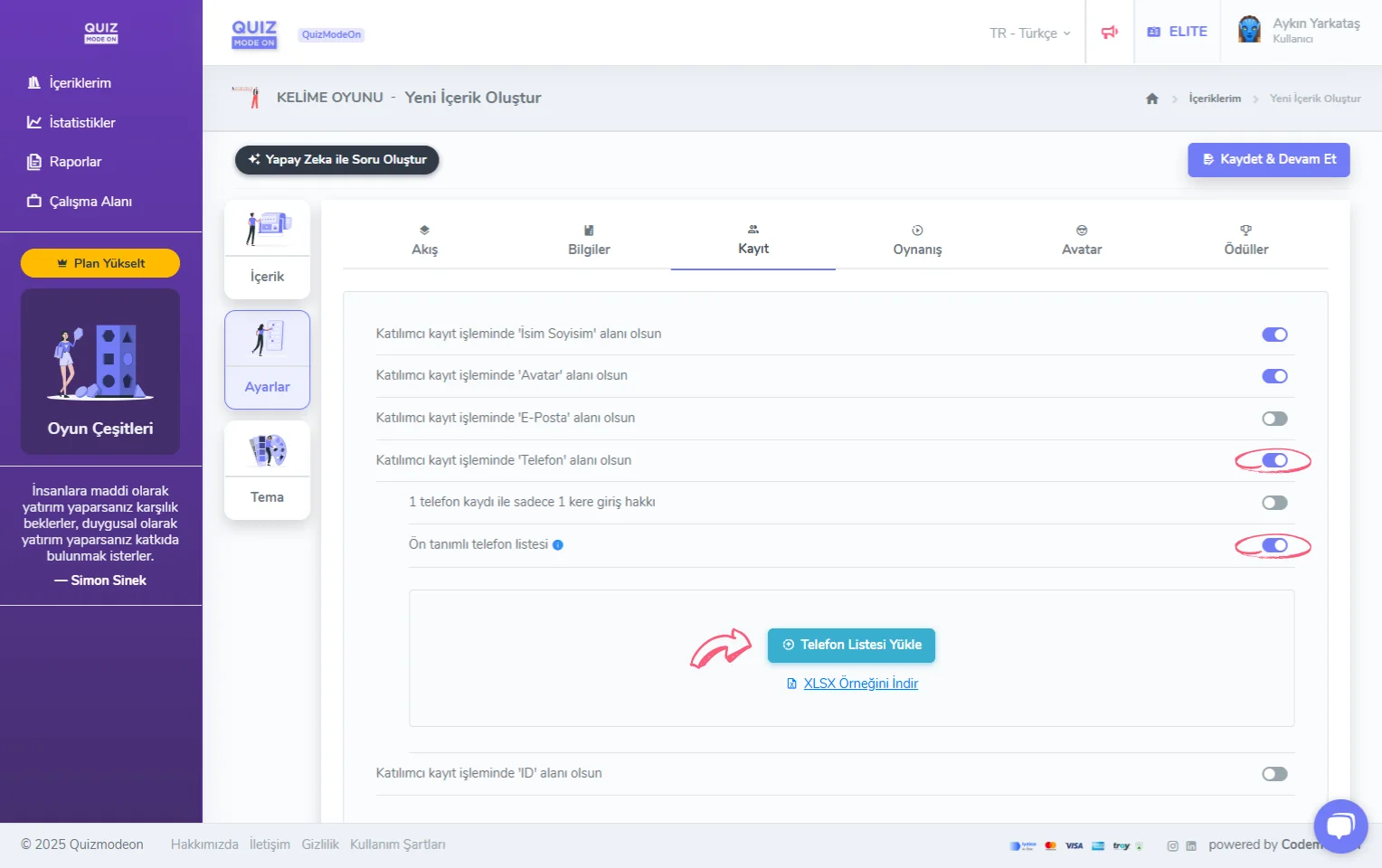 kelime oyunu oluşturma - ayarlar - katılımcı kayıt bilgileri - telefon - ön tanımlı telefon listesi