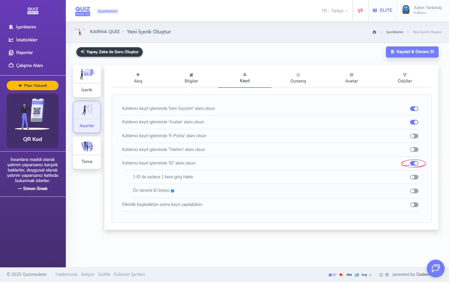karma quiz oluşturma - ayarlar - katılımcı kayıt bilgileri - ID (tekil numara)