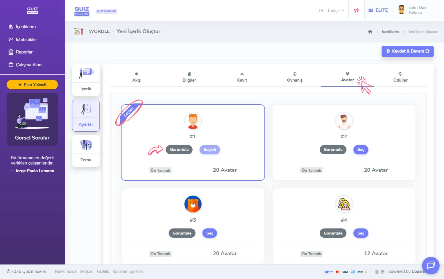 wordle oluşturma - ayarlar - katılımcı avatarları - avatar seti seçimi