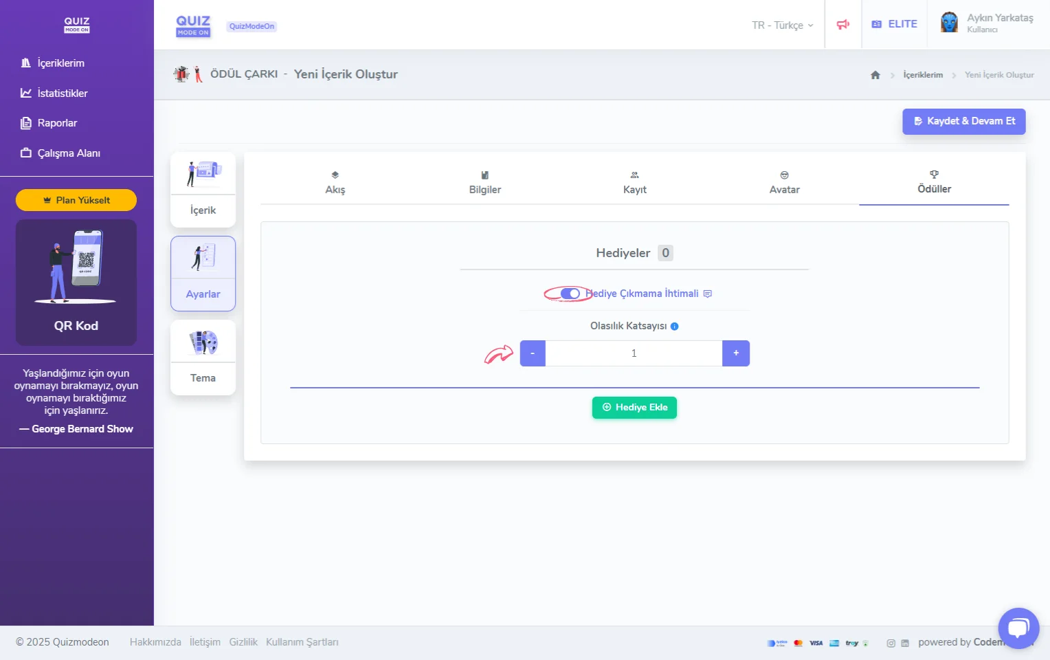 ödül çarkı oluşturma - ayarlar - ödüller - hediye çıkmama durumu