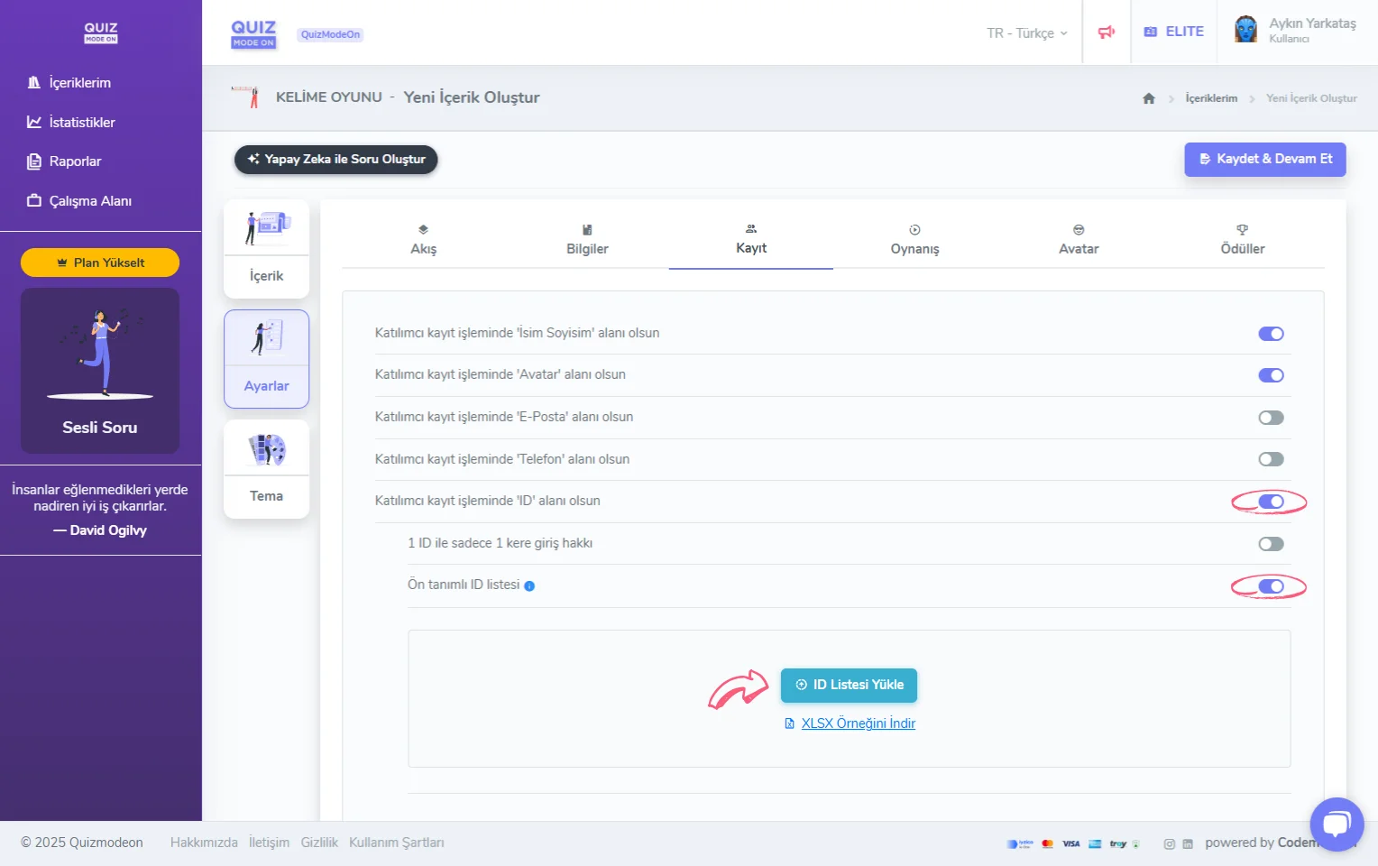 kelime oyunu oluşturma - ayarlar - katılımcı kayıt bilgileri - ID (tekil numara) - ön tanımlı ID listesi