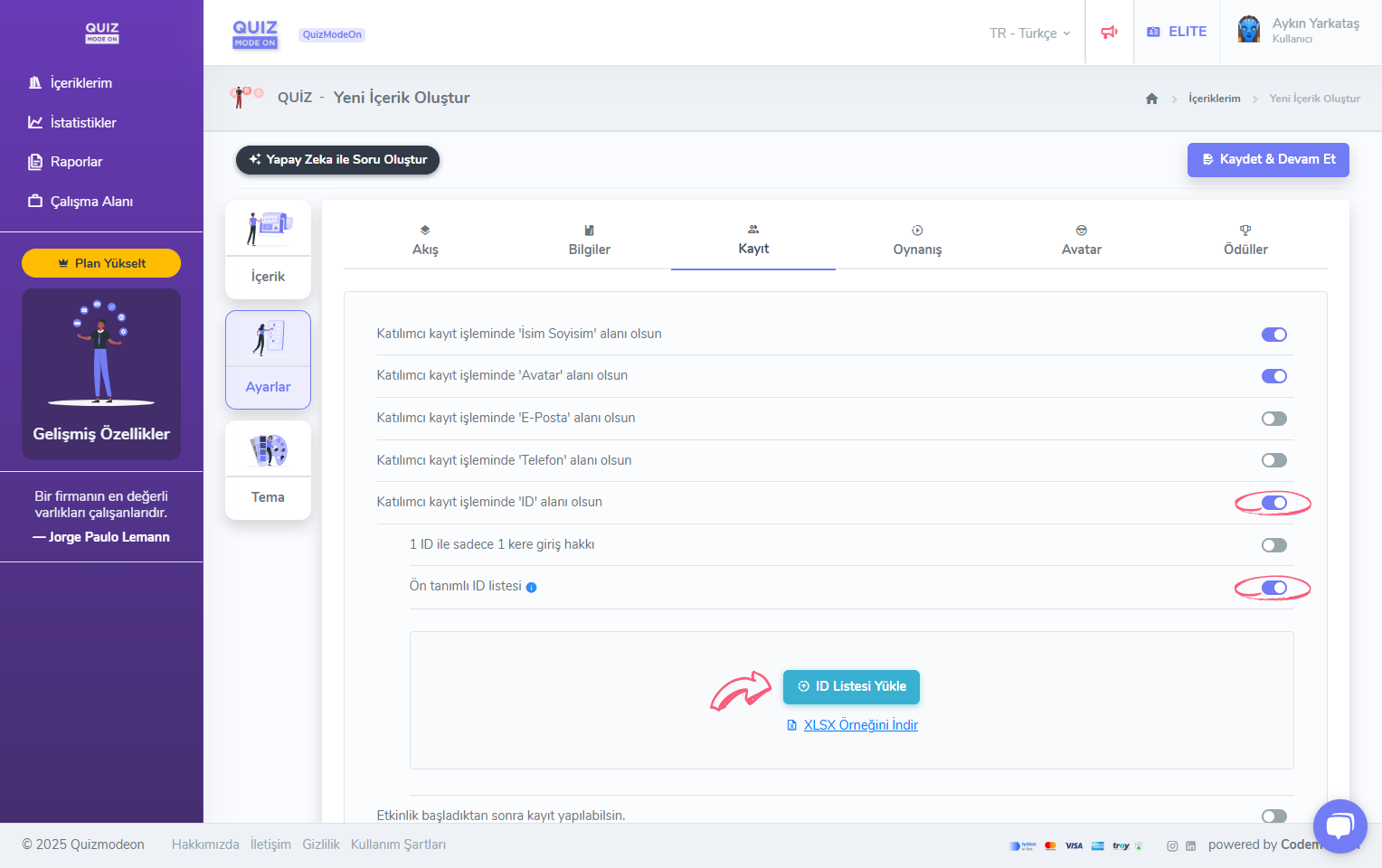 quiz oluşturma - ayarlar - katılımcı kayıt bilgileri - ID (tekil numara) - ön tanımlı ID listesi
