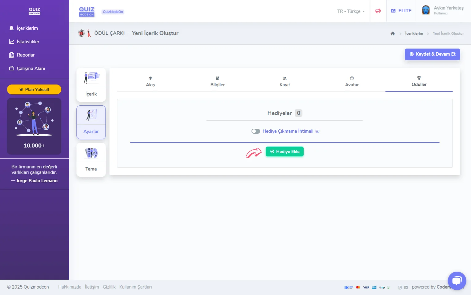 ödül çarkı oluşturma - ayarlar - ödüller - hediye ekleme