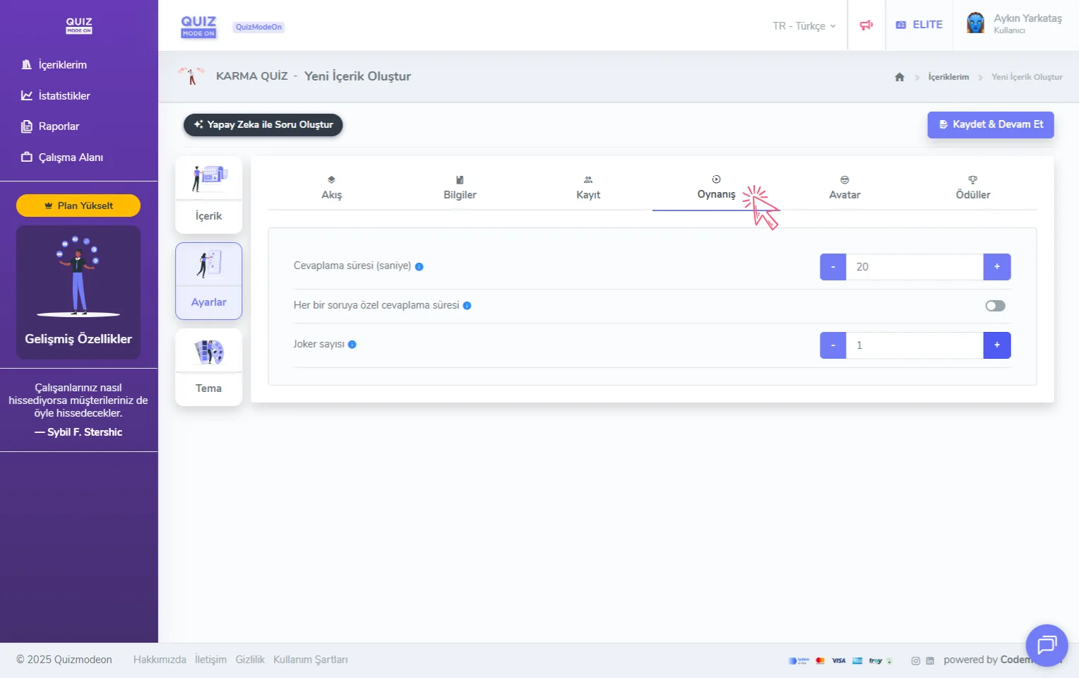 karma quiz oluşturma - ayarlar - oynanış