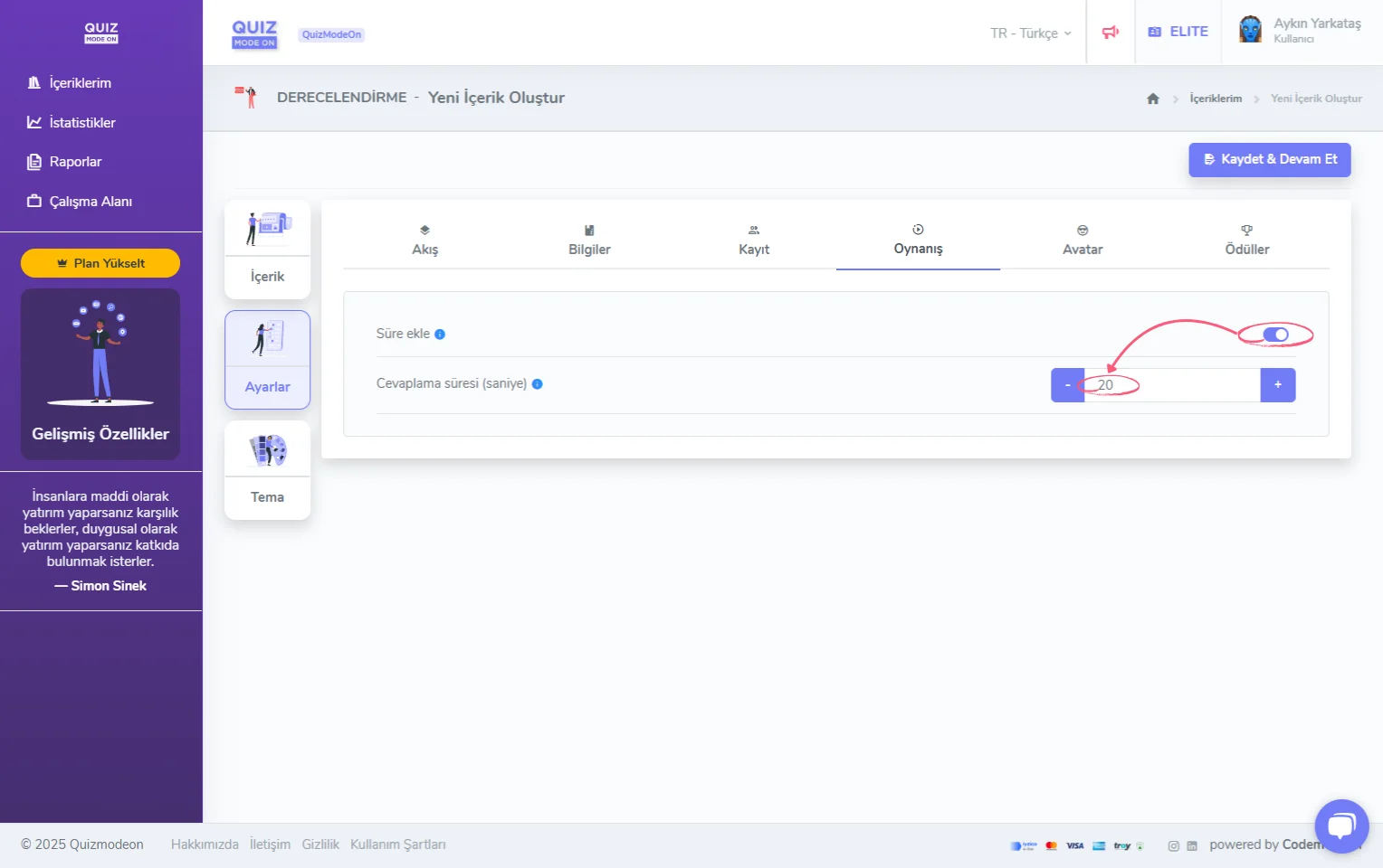 derecelendirme oluşturma - ayarlar - oynanış - cevaplama süresi ekleme