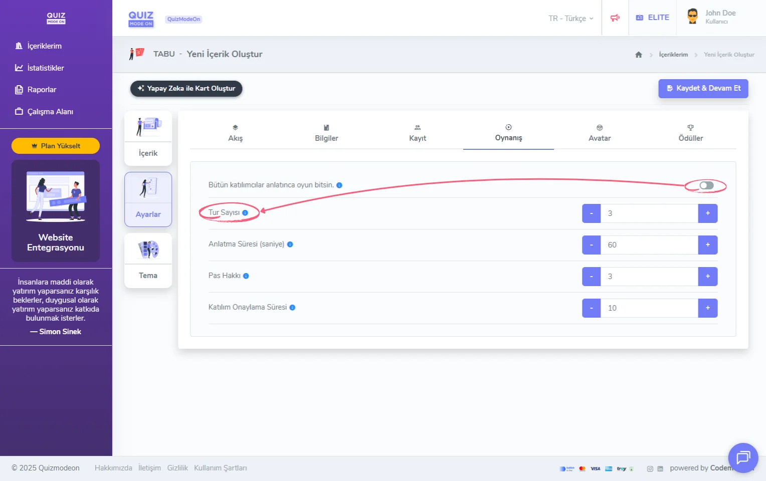 tabu oluşturma - ayarlar - oynanış - tur sayısı