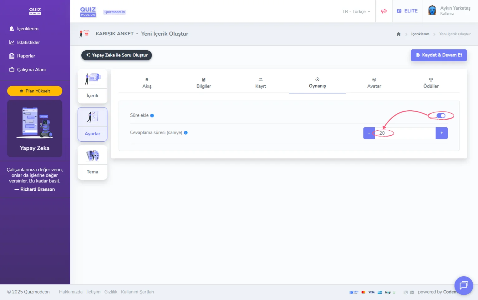 karma anket oluşturma - ayarlar - oynanış - cevaplama süresi ekleme