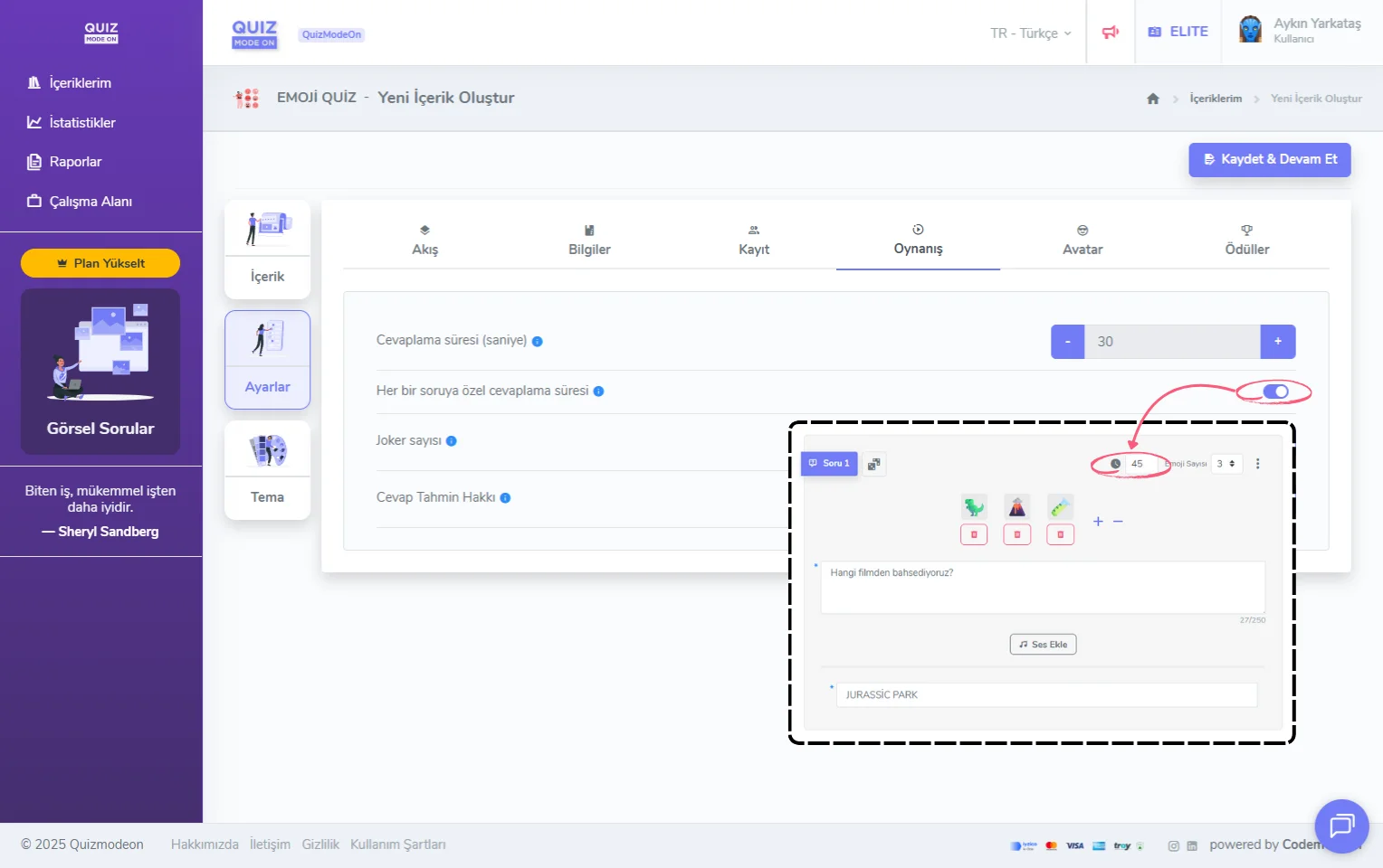 emoji quiz oluşturma - ayarlar - oynanış - her soruya özel cevaplama süresi