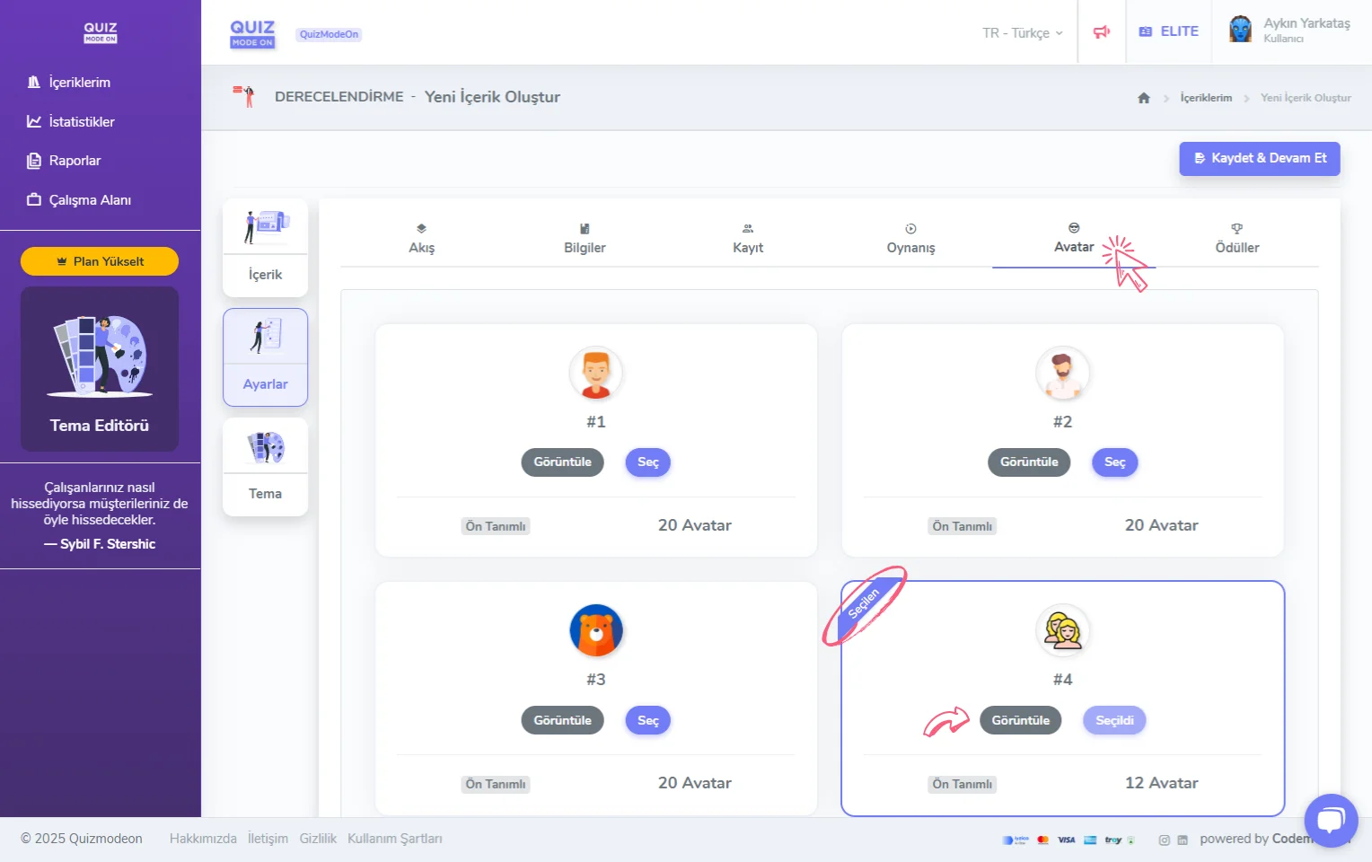 derecelendirme oluşturma - ayarlar - katılımcı avatarları - avatar seti seçimi