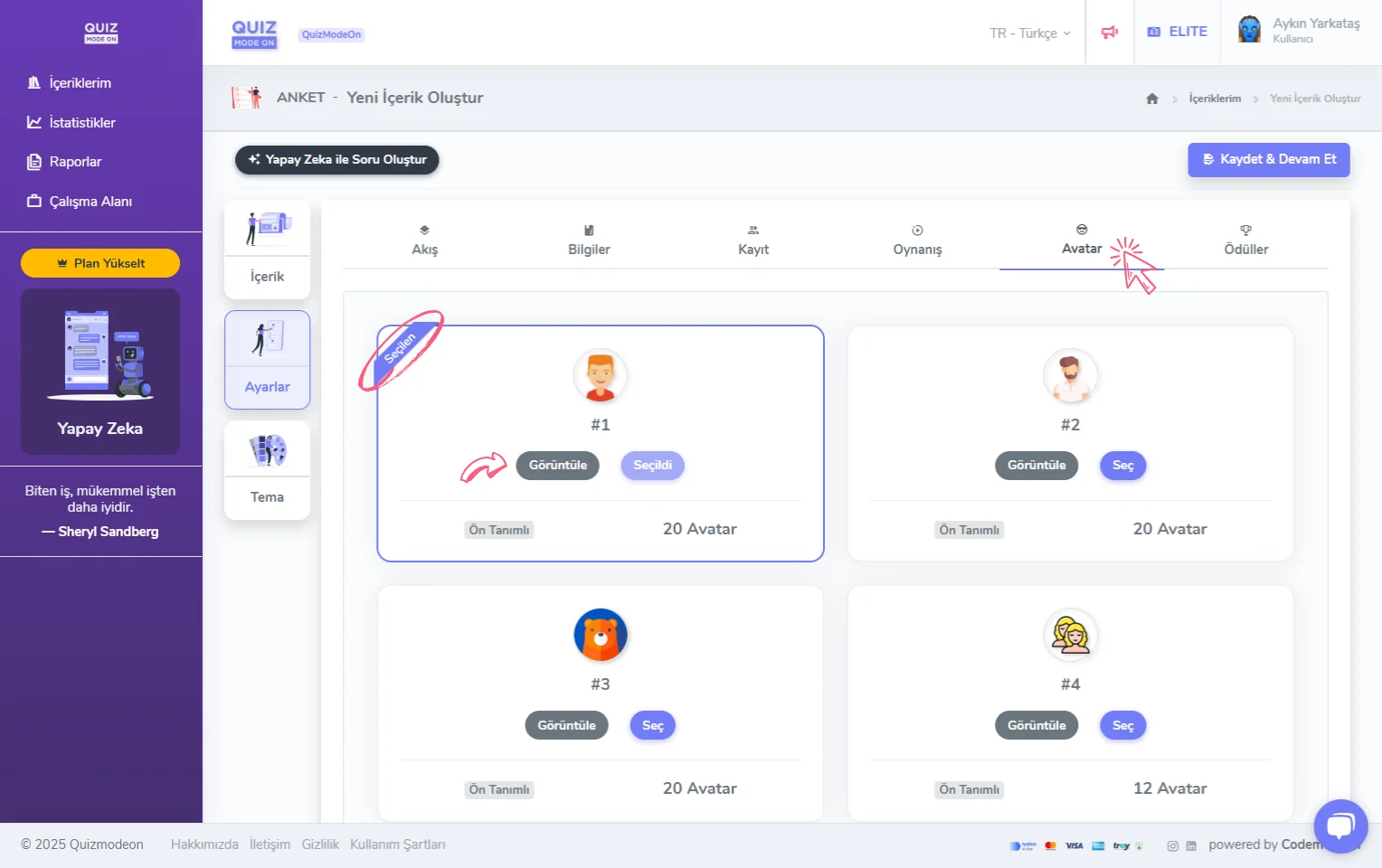anket oluşturma - ayarlar - katılımcı avatarları - avatar seti seçimi