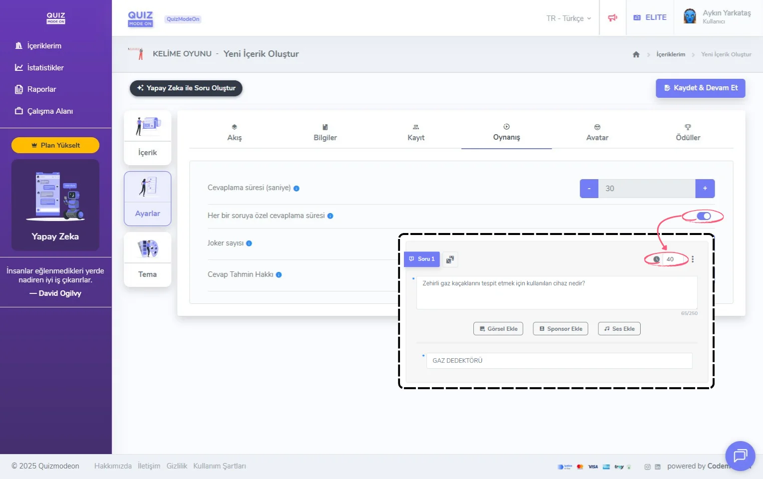 kelime oyunu oluşturma - ayarlar - oynanış - her soruya özel cevaplama süresi