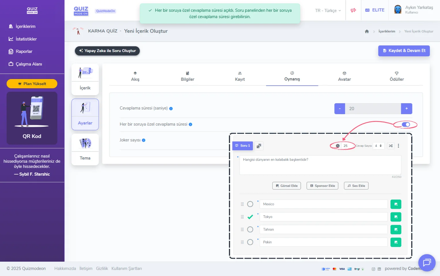 karma quiz oluşturma - ayarlar - oynanış - her soruya özel cevaplama süresi