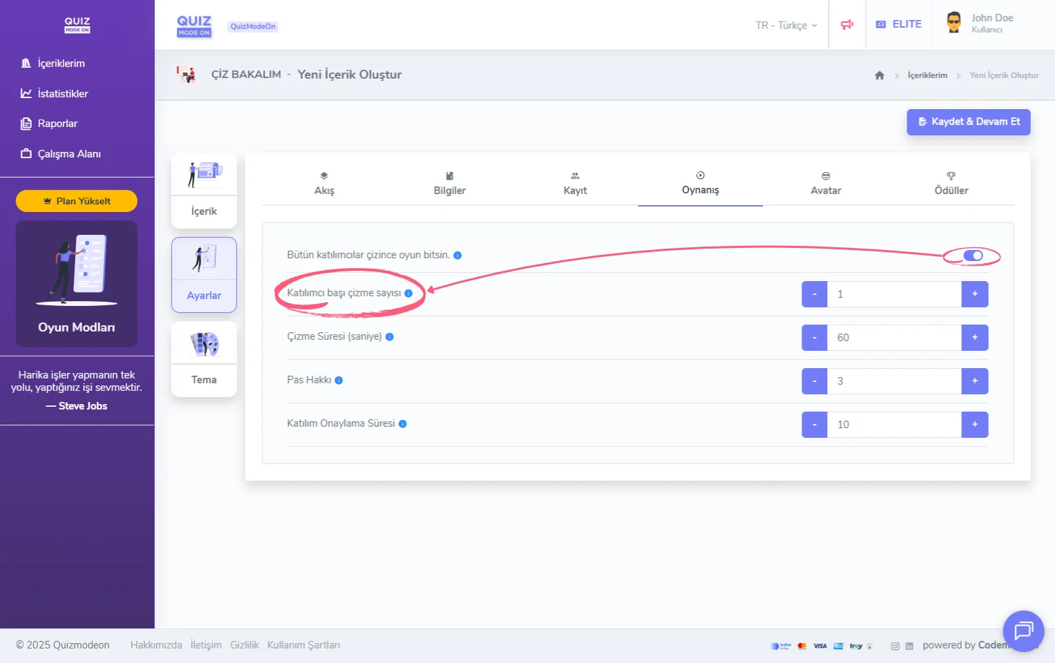 çiz bakalım oluşturma - ayarlar - oynanış - katılımcı başına çizim yapılacak tur sayısı