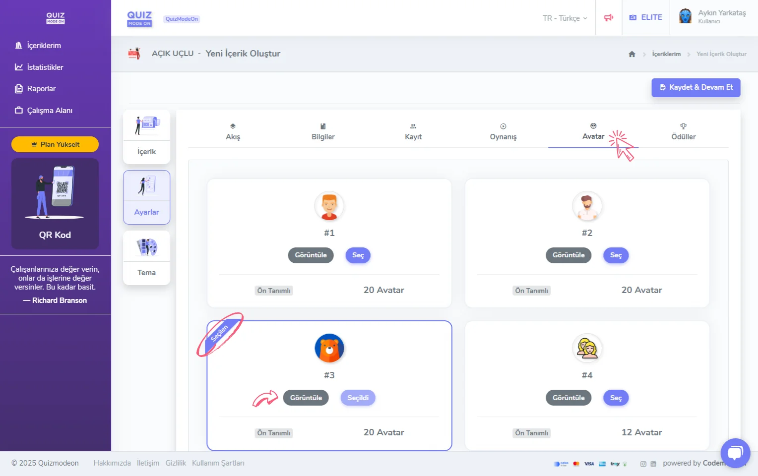 açık uçlu oluşturma - ayarlar - katılımcı avatarları - avatar seti seçimi