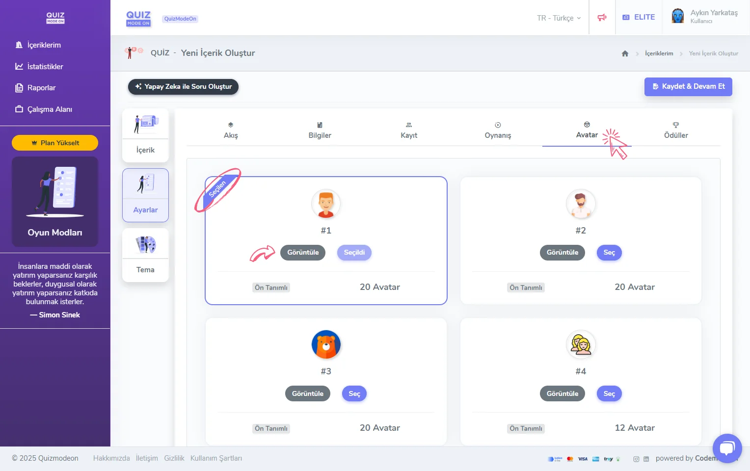quiz oluşturma - ayarlar - avatar - avatar seti seçimi